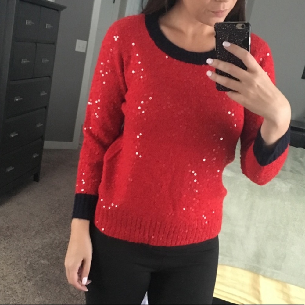 J. Crew Red Sequin Crewneck Sweater with Black Trim